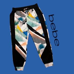 EUC [BEBE] Silky Black & White Tropical Joggers + Abstract Track Pants | Large